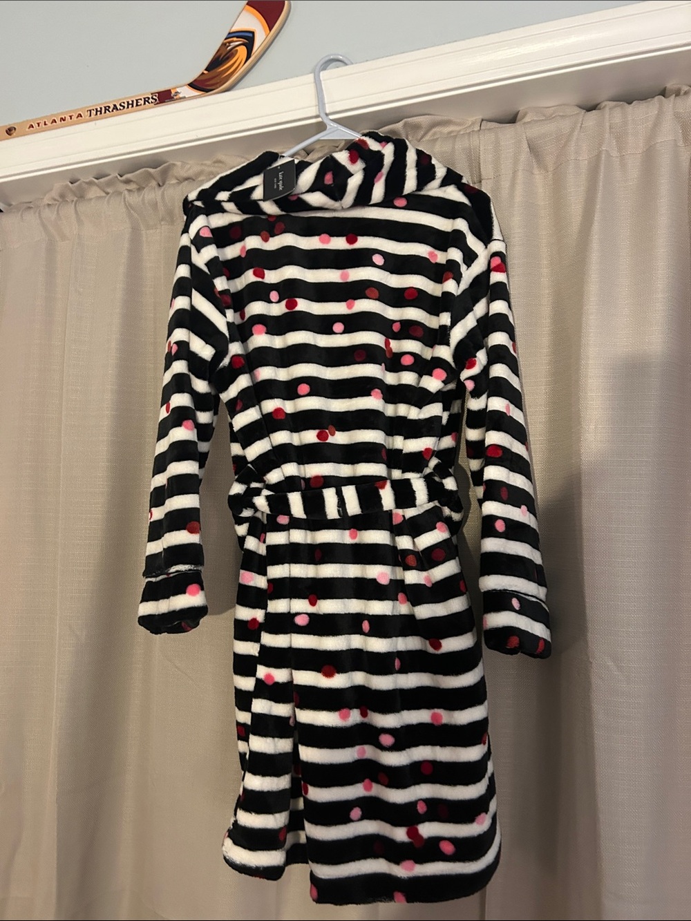 kate spade Black & White Striped Plush Robe with Pink and Red Dots - Picture 2 of 4